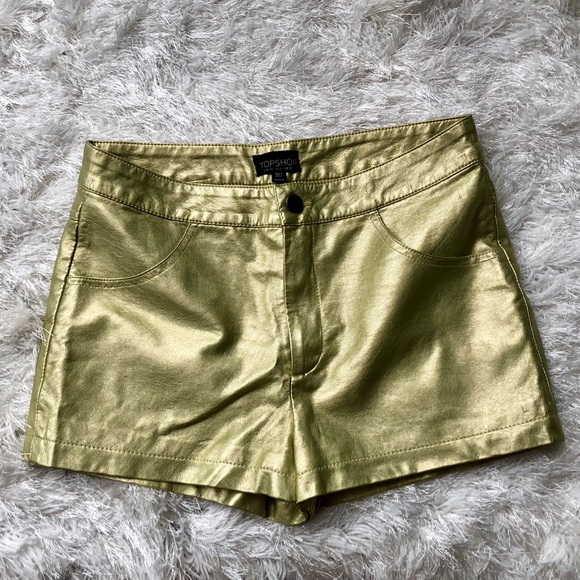Topshop Pants - {Topshop} Gold Metallic Faux Leather Shorts-Size 6